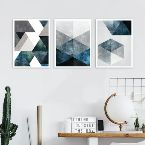 Kit 3 Quadros Abstratos Geométricos Azul Decoração Moldura