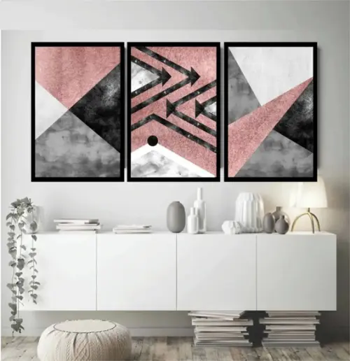 Kit 3 Quadros Abstratos Geométricos Rosa Decoração Molduras