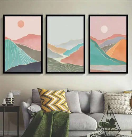 Kit 3 Quadros Abstratos Paisagem Colorido Decoração Moldura
