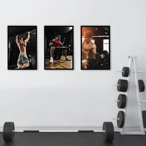 Kit 3 Quadros Academia Musculação Fitness Decoração Moldura