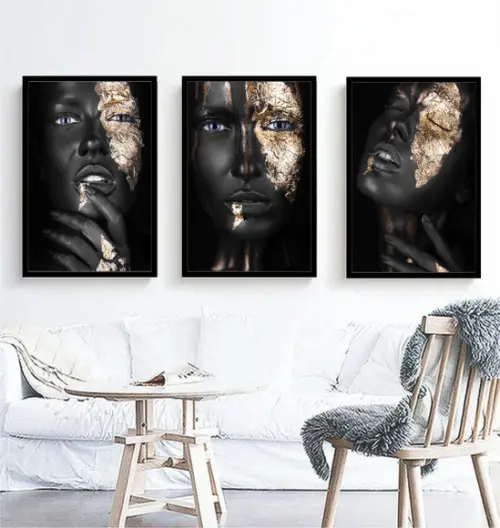 Kit 3 Quadros Africanas Mulheres Maquiagem Decoração Moldura
