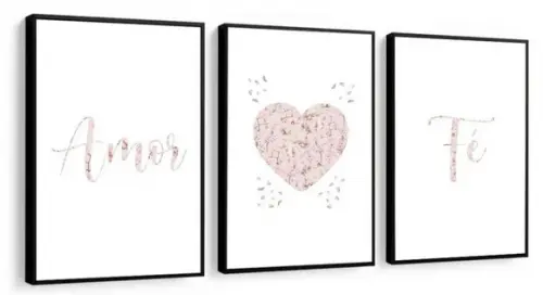 Kit 3 Quadros Amor Fé Coração Rosa Decoração Casal Moldura