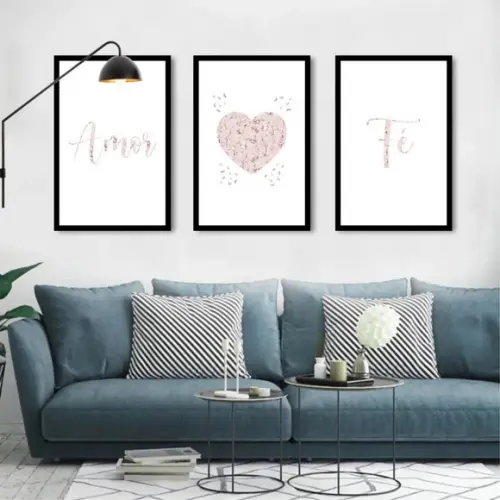 Kit 3 Quadros Amor Fé Coração Rosa Decoração Casal Moldura