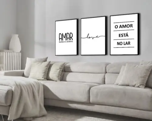Kit 3 Quadros Amor Love Casal Decoração Frases Com Moldura