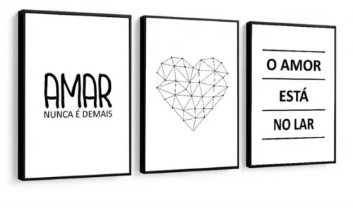Kit 3 Quadros Amor Love Casal Decoração Frases Com Moldura