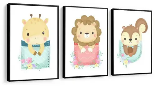 Kit 3 Quadros Animais Coloridos Decoração Infantil Molduras