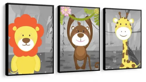 Kit 3 Quadros Animais Leão Macaco Decoração Infantil Moldura