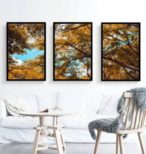 Kit 3 Quadros Arvore Amarela Folhagem Decoração Com Molduras