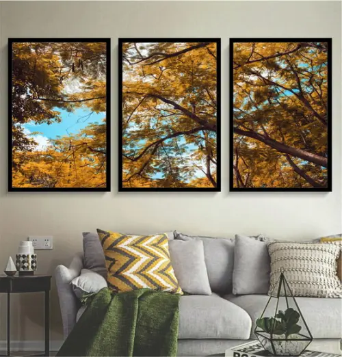 Kit 3 Quadros Arvore Amarela Folhagem Decoração Com Molduras