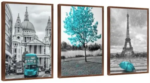 Kit 3 Quadros Arvore Cidades Azul Tiffany Decoração Molduras