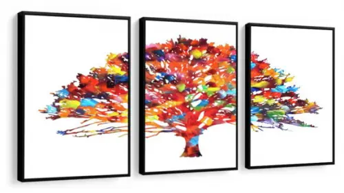 Kit 3 Quadros Arvore Colorida Aquarela Decoração Com Moldura