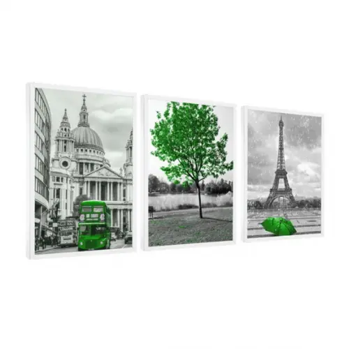 Kit 3 Quadros Arvore Cidades Decoração Paris Londres Moldura