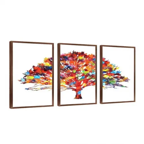 Kit 3 Quadros Arvore Colorida Decoração Botânica Com Moldura