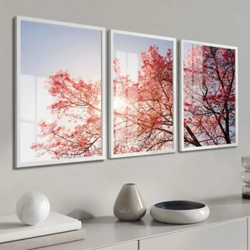 Kit 3 Quadros Arvore Flor de Cerejeira Decoração com Moldura