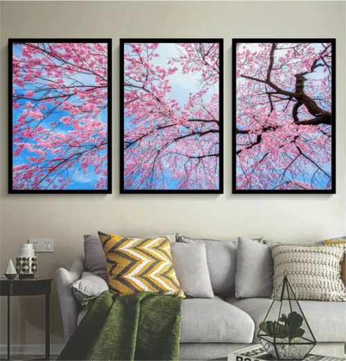 Kit 3 Quadros Arvore Flor Cerejeira Galhos Decoração Moldura