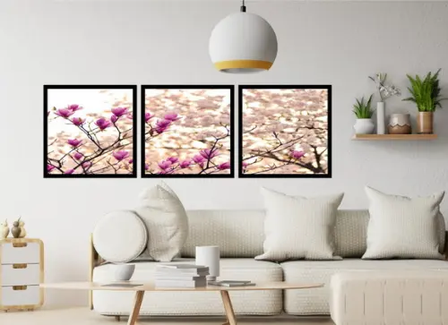 Kit 3 Quadros Arvore Flores Cerejeira Decoração Com Moldura