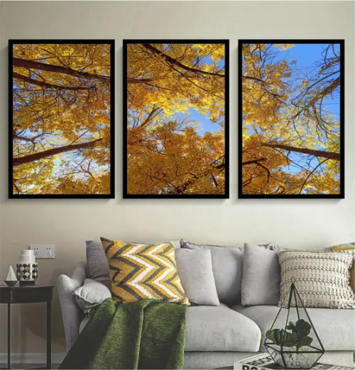 Kit 3 Quadros Arvore Florestas Amarela Céu Decoração Moldura