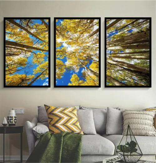 Kit 3 Quadros Arvore Florestas Amarela Decoração Com Moldura