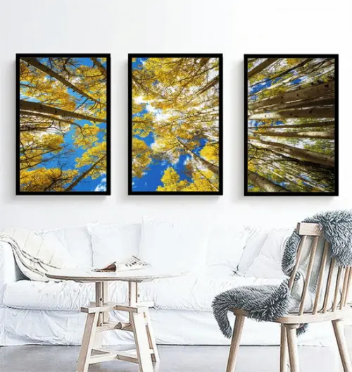 Kit 3 Quadros Arvore Florestas Amarela Decoração Com Moldura