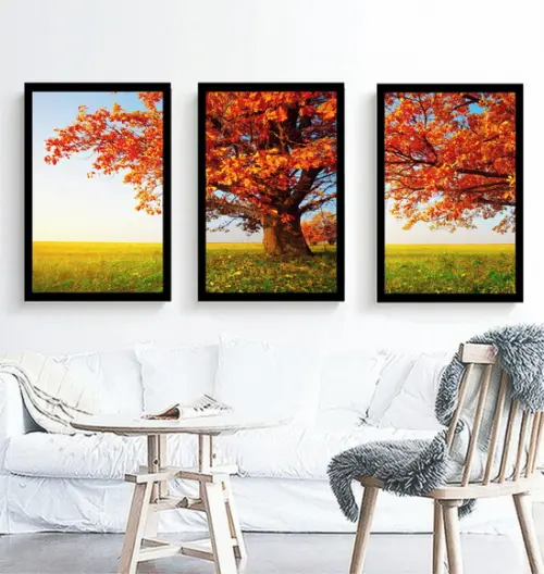 Kit 3 Quadros Arvore Folhagem Decoração Paisagem Com Moldura