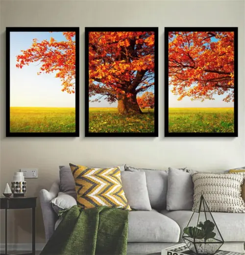 Kit 3 Quadros Arvore Folhagem Decoração Paisagem Com Moldura