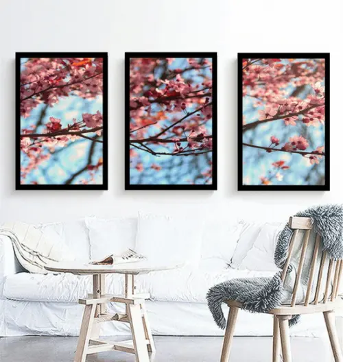 Kit 3 Quadros Arvore Galhos Decoração Flor Cerejeira Moldura