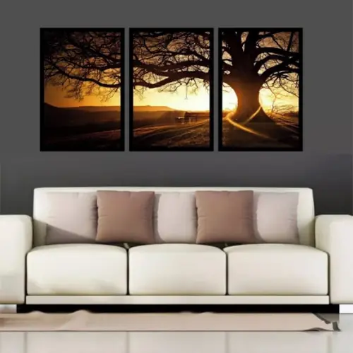 Kit 3 Quadros Arvore Pôr do Sol Conjunto Entardecer Floresta