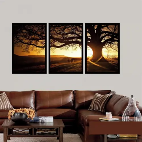 Kit 3 Quadros Arvore Pôr do Sol Conjunto Entardecer Floresta