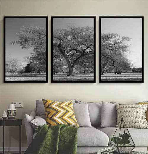 Kit 3 Quadros Arvore Preto e Branco Decoração Com Molduras