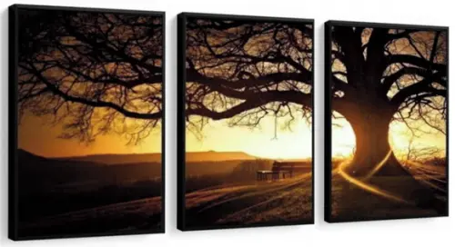 Kit 3 Quadros Arvore Pôr Do Sol Decoração Conjunto Moldura