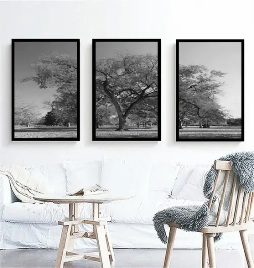 Kit 3 Quadros Arvore Preto e Branco Decoração Com Molduras