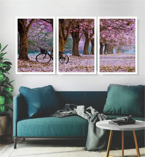 Kit 3 Quadros Arvores Cerejeira Decoração Bicicleta Molduras