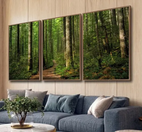 Kit 3 Quadros Bosque Paisagem Eucaliptos com Moldura Vidro