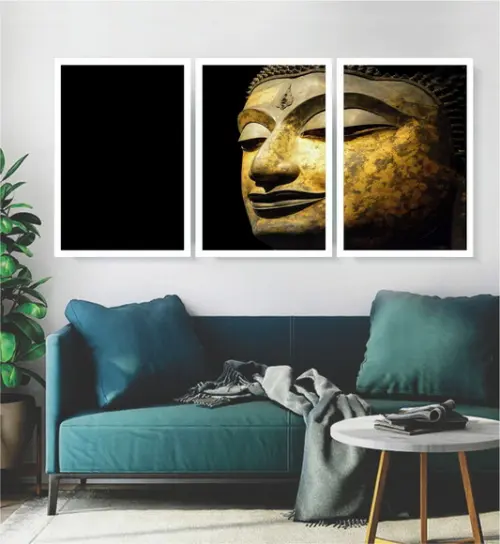 Kit 3 Quadros Buda Decoração Conjunto Meditação Com Molduras