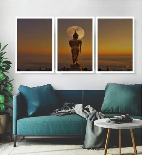 Kit 3 Quadros Buda Decoração Lua Meditação Conjunto Moldura