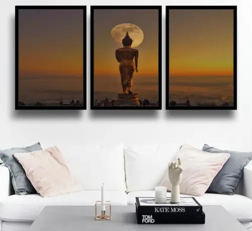 Kit 3 Quadros Buda Decoração Lua Meditação Conjunto Moldura