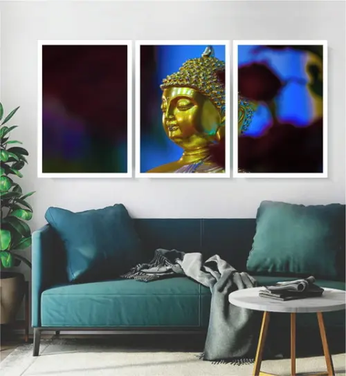 Kit 3 Quadros Buda Decoração Meditação Conjunto Com Moldura