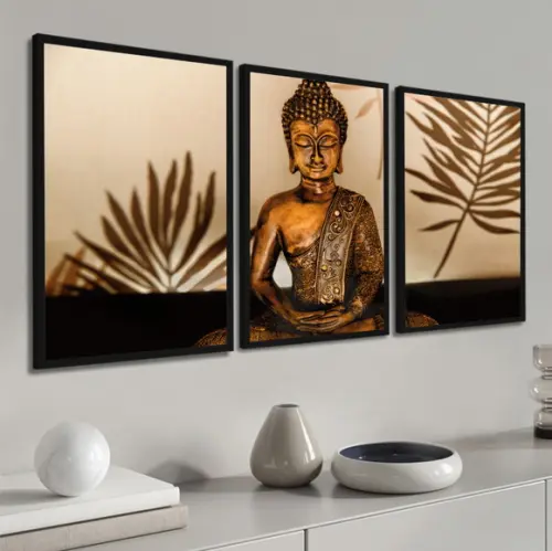 Kit 3 Quadros Buda Decoração Meditação Recepção Com Molduras