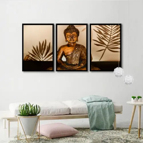 Kit 3 Quadros Buda Decoração Meditação Recepção Com Moldura