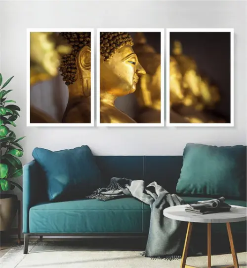 Kit 3 Quadros Buda Decoração Meditação Zen Conjunto Moldura