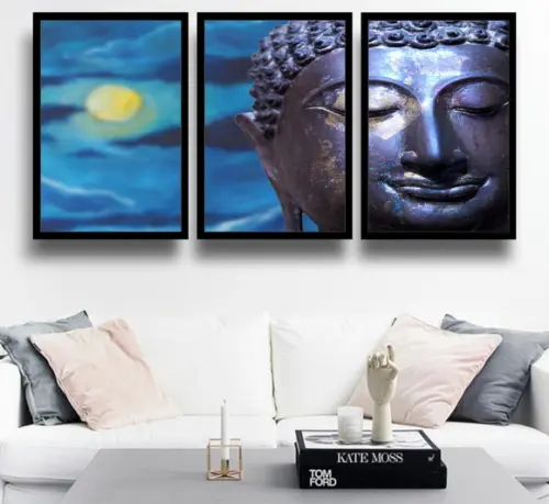 Kit 3 Quadros Buda Meditação Decoração Azul Conjunto Moldura