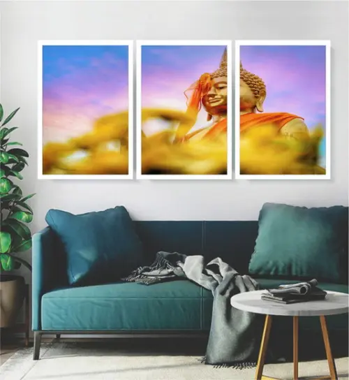 Kit 3 Quadros Buda Dourado Conjunto Decoração Com Moldura