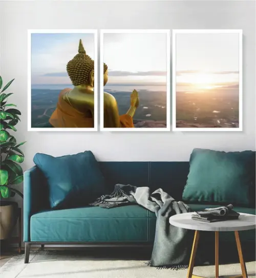 Kit 3 Quadros Buda Meditação Decoração Budista Com Moldura