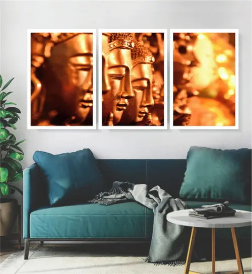 Kit 3 Quadros Buda Meditação Decoração Conjunto Com Moldura