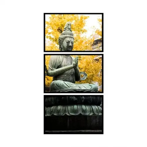 Kit 3 Quadros Buda Meditação Decoração Folhagem Com Moldura
