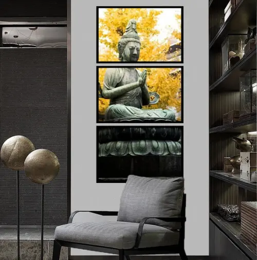 Kit 3 Quadros Buda Meditação Decoração Paisagem Com Molduras