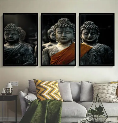 Kit 3 Quadros Buda Meditação Decoração Paisagem Com Moldura