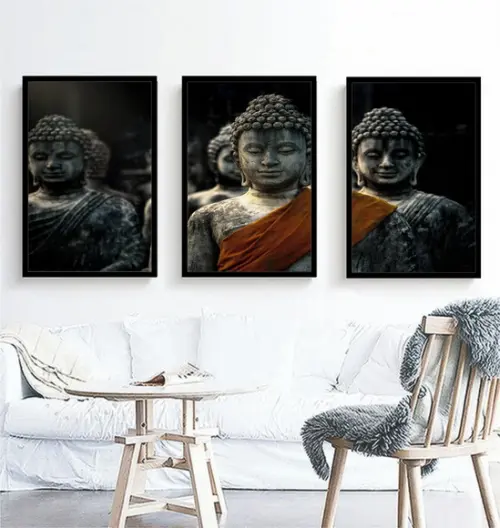Kit 3 Quadros Buda Meditação Decoração Paisagem Com Moldura