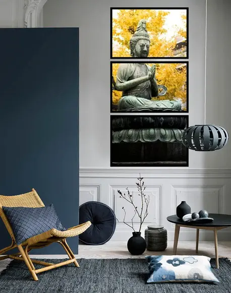 Kit 3 Quadros Buda Meditação Decoração Paisagem Com Molduras
