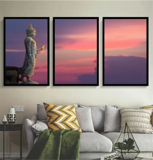 Kit 3 Quadros Buda Meditação Paisagem Sol Decoração Moldura
